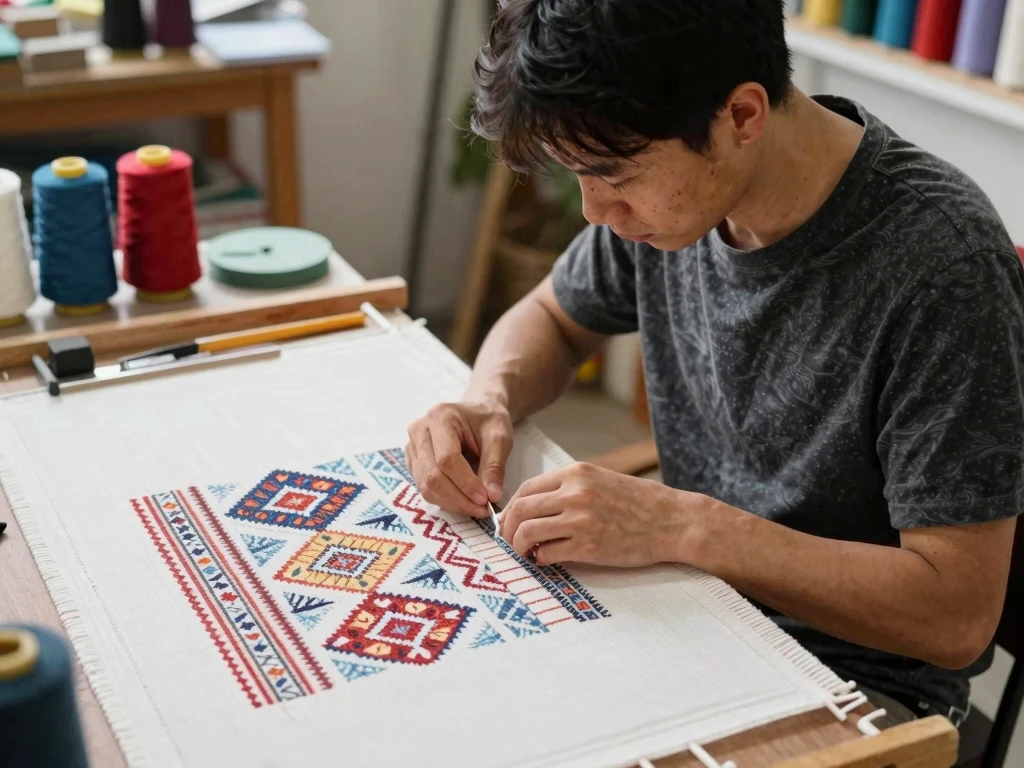 Ambachtsman aan het werk met textiel